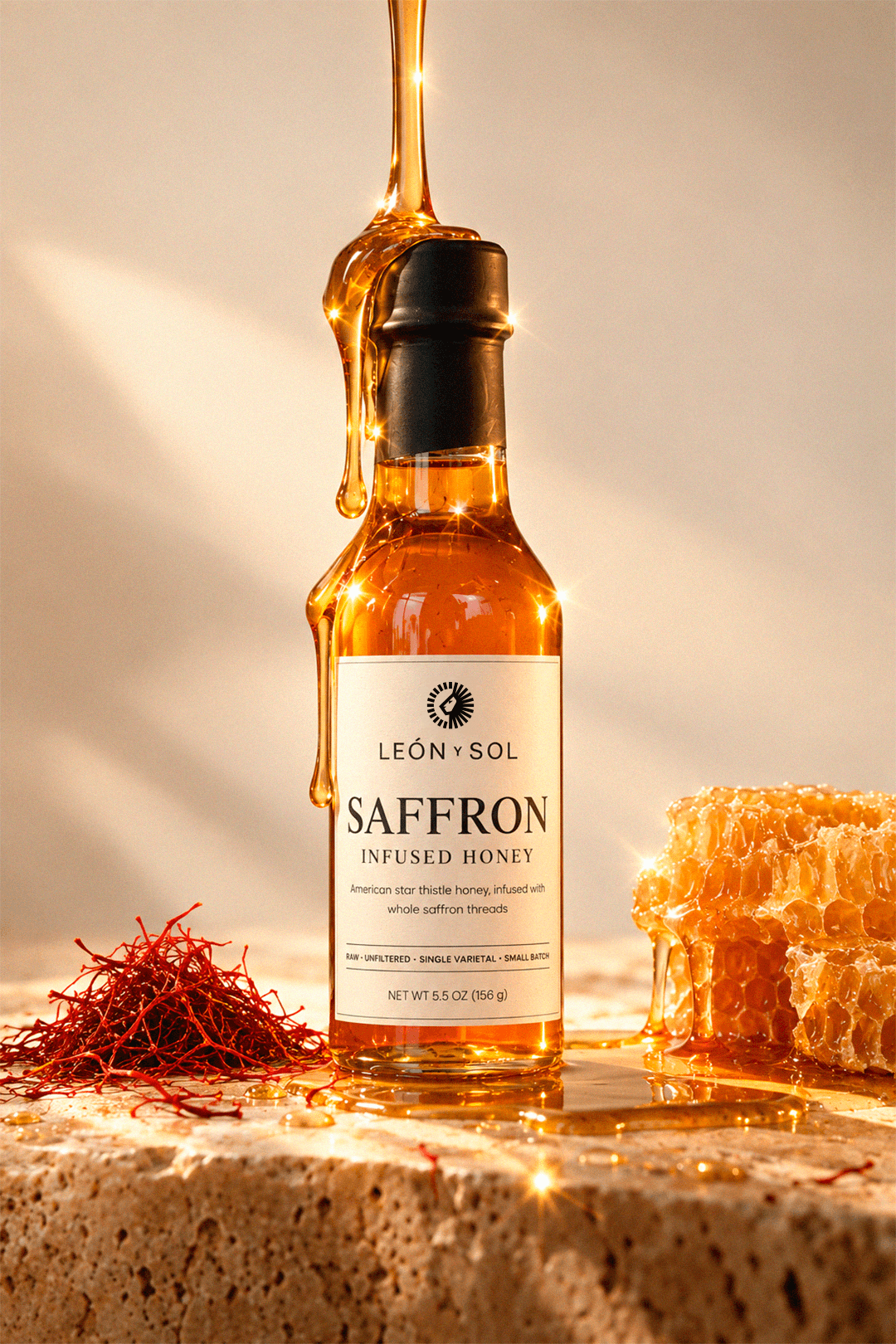 León Y Sol Saffron Honey 5.5 oz bottle with black-and-gold label